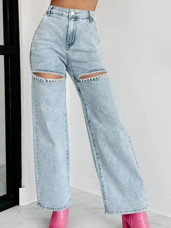 Fashion Hole beading Jeans Women's 2024 New Casual High Waist Straight Denim Pants Female trousers p509