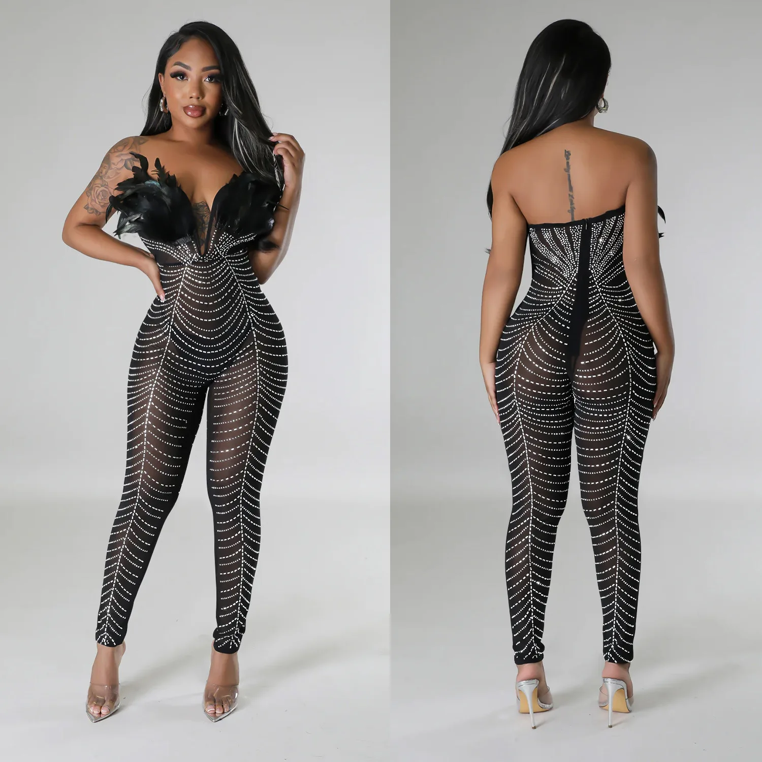 Mode Effen Kleur Feest Bijeenkomst Club Nachtclub Prom Sexy Mesh Hot Diamonds Broek Jumpsuit