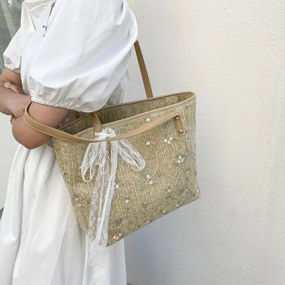 

Single Shoulder Large Capacity Straw Woven Shoulder Bag Handmade Lace Beach Bag Portable Handbag Ladies