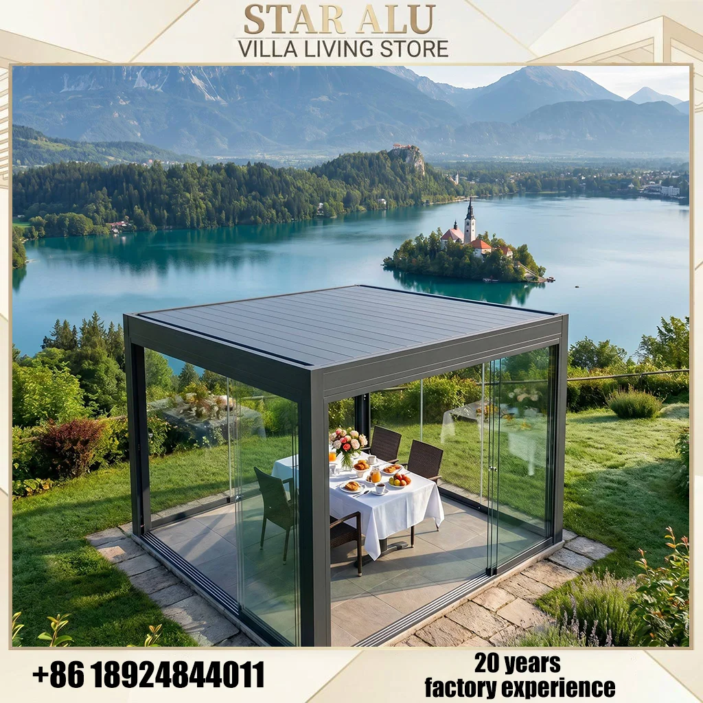 Motorized Louvered Roof Pergola Aluminum Waterproof UV Protection Sunshade Gazebo Shelter for Outdoor Patio