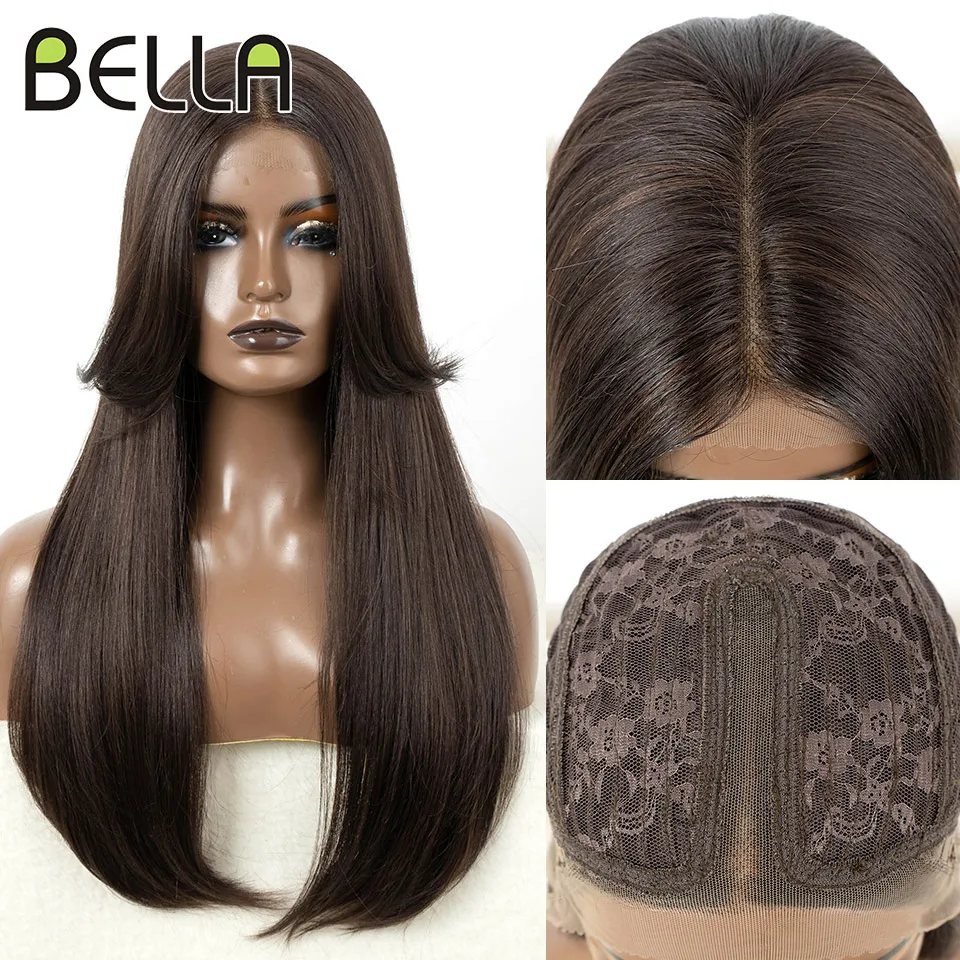 

Bella 24" Straight Wigs Synthetic Lace Front Wigs For Women Long Lace Wig With Bangs Ombre Brown Highlight Glueless Cosplay Wig