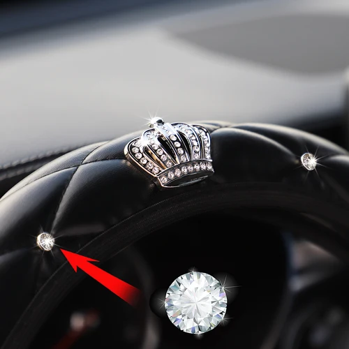 Imagen 2 del producto 7 juegos de cubierta de volante de coche con corona bordada de PU con incrustaciones de diamantes, cubierta de mano, cubierta de hombro, suministros automotrices