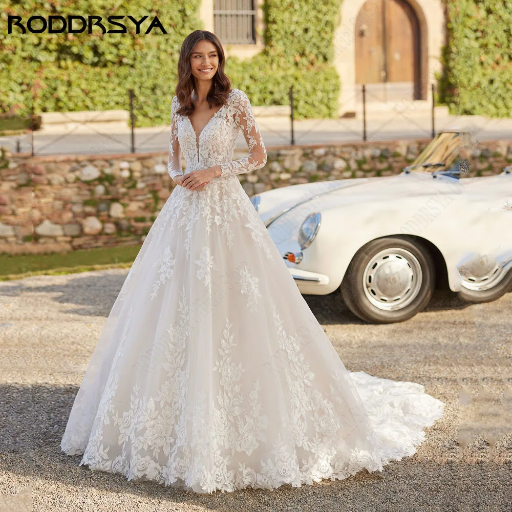 Roddrsy exquisito vestido de novia sin espalda V collar RODDRSY-exquisito vestido de novia con espalda descubierta, apliques con cuello en V, vestidos de novia de tul de línea A, Hochzeitskleider Damen grogen e grösche