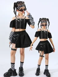 Ropa de Hip Hop para niños, Camiseta corta negra, Falda plisada para niñas, trajes de baile de Jazz, conjuntos de ropa de calle para niños 8 10 12 14 años