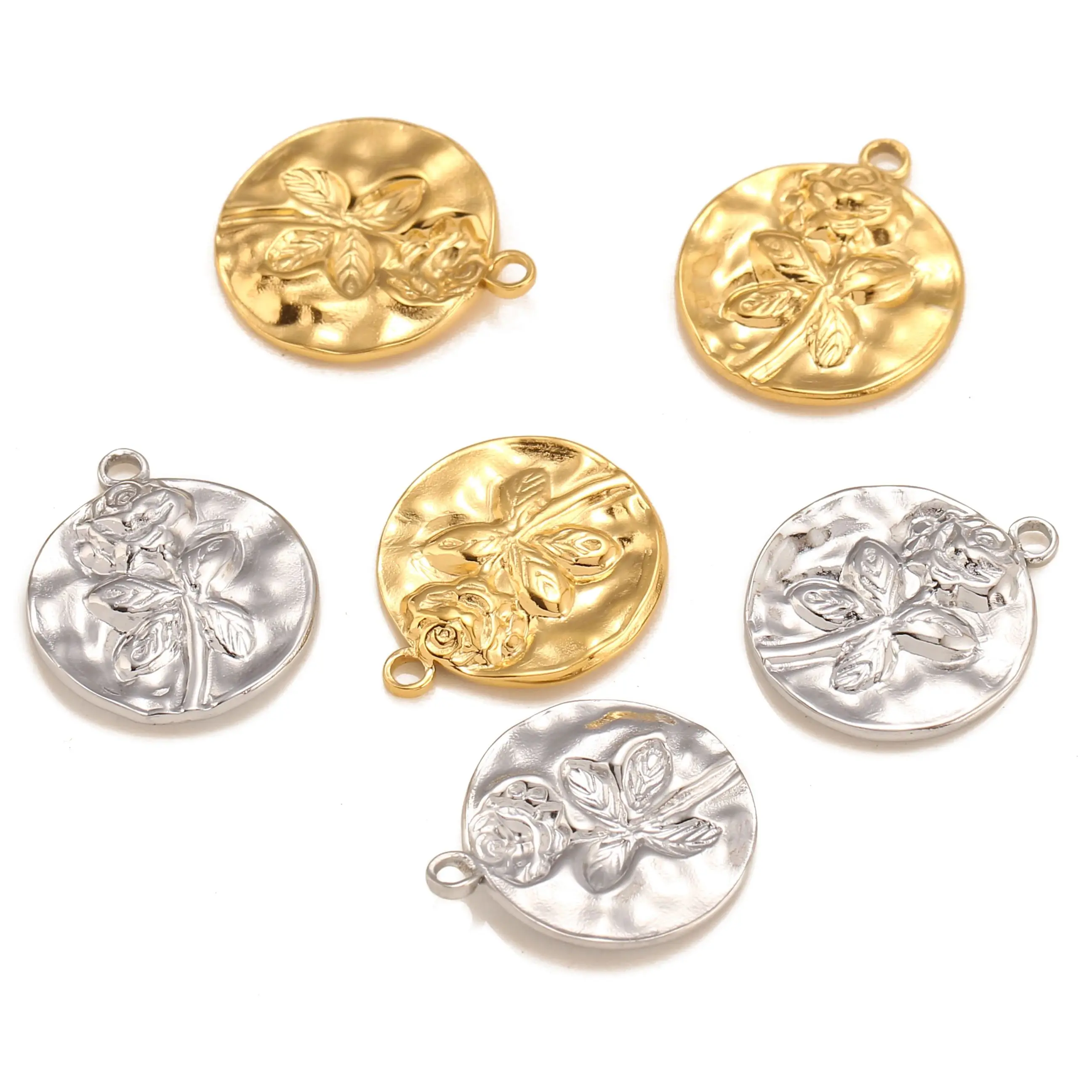 3Pcs/Lot Stainless Steel Round Rose Flowers Charms 18x21mm Plated Floral Pendants for DIY Trend Necklace Jewelry Making Findings