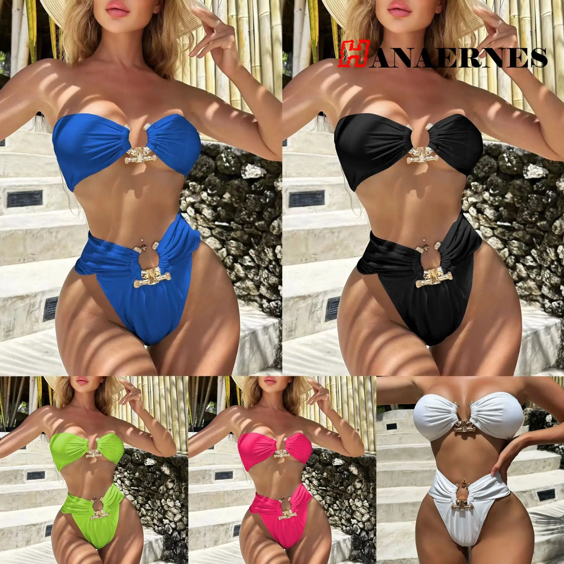 Solid Color Split Swimsuit Tube Top Bikini Beach Pool Swimsuit Sexy Bikini Women