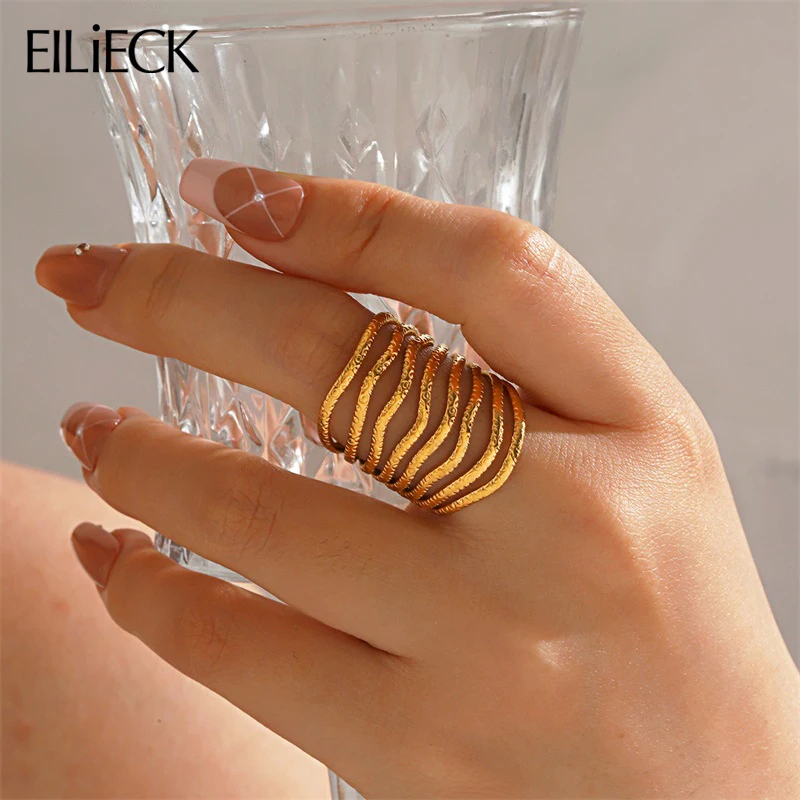 

EILIECK 316L Stainless Steel Wide Hollow Cuff Open Ring for Women Stylish Design Water Resistant Metal Rings Jewelry Wholesale