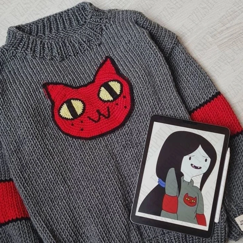 Y2K Women clothes Vintage RED CAT Print Autumn Cotton Pullover Unisex Men Oversized Sweater Loose Harajuku Women Knitted Sweater