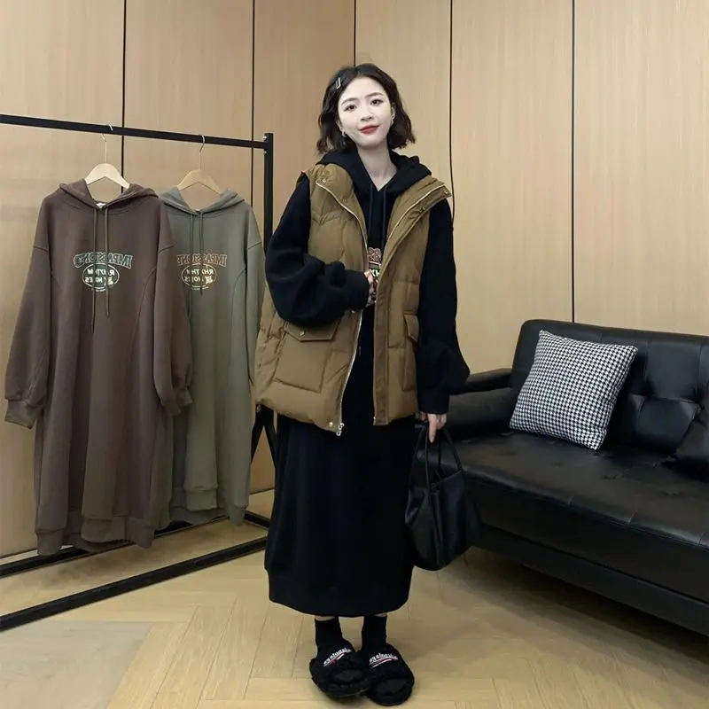 Oversized Women Clothing Autumn Winter New Casual Korean Hoodies Long Dress Women Clothes All-match Letter Lacing Casual Dresses