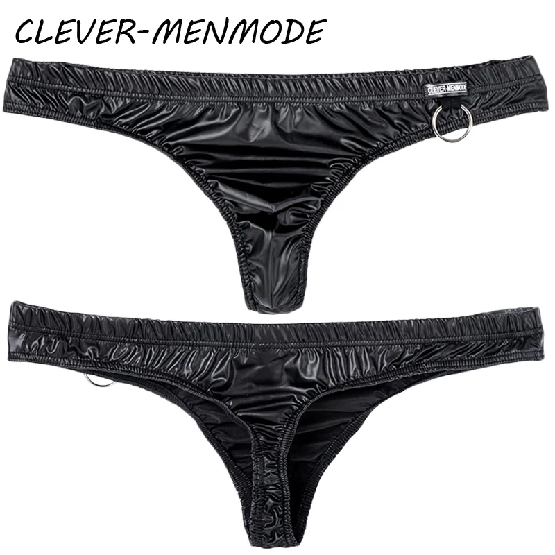 CLEVER-MENMODE Men\'s Sexy Soft Seamless Penis Bag Panties PU Elastic Thong Metal Ring Decorative Underwear Men G-string Mankini