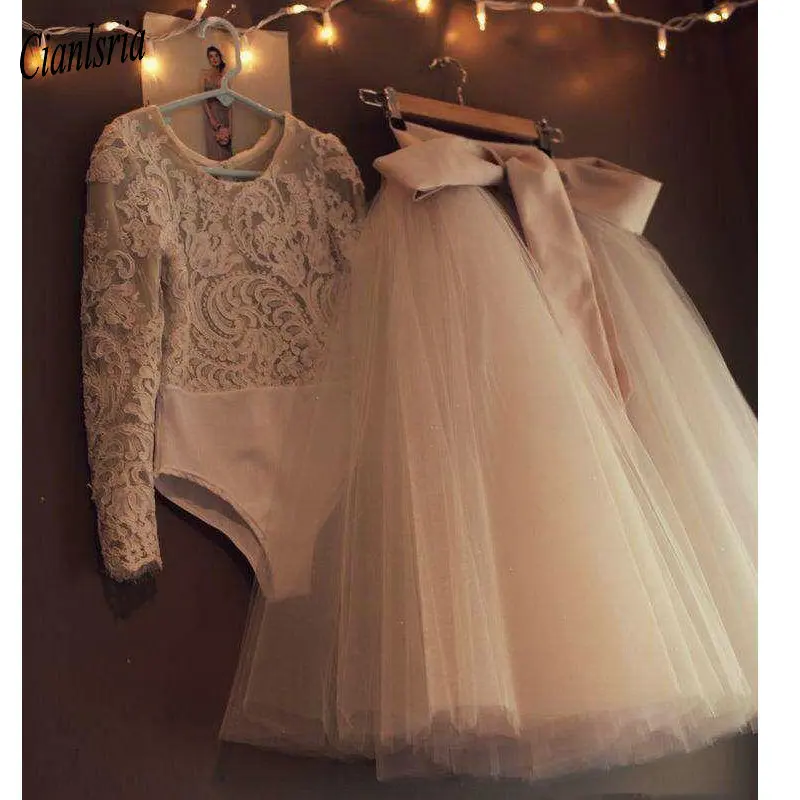 

2024 Two Pieces Evening Dresses Long Tutu Tulle Ribbon Lace Long Sleeve Prom Dresses Customized Modest Formal Dresses