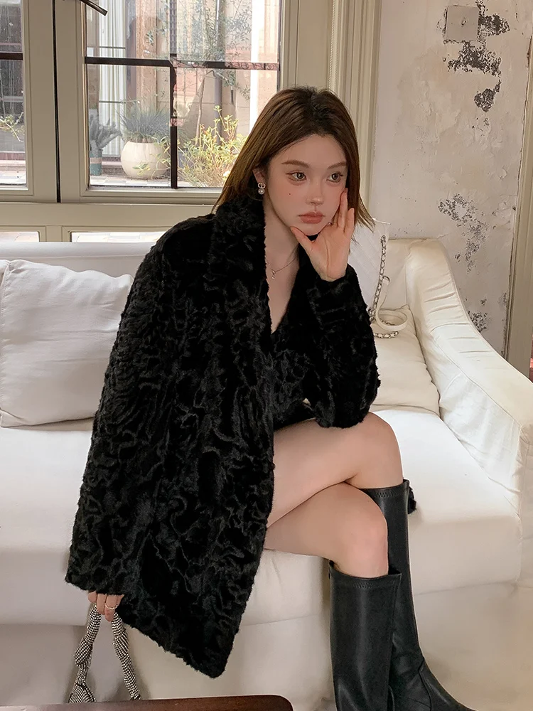 エコフレンドリーなレディースファーコート、ブララムウール、スーツカラー、プラウロングジャケット、スリ、秋冬新作、ユースファッション