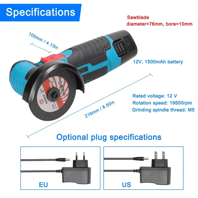 Elektrischer Winkelschleifer, 19500 U/min, Lithium-Batterie, Mini-Polier-, Schleif- und Diamantschneidewerkzeug für DIY-Projekte von Metallbeton