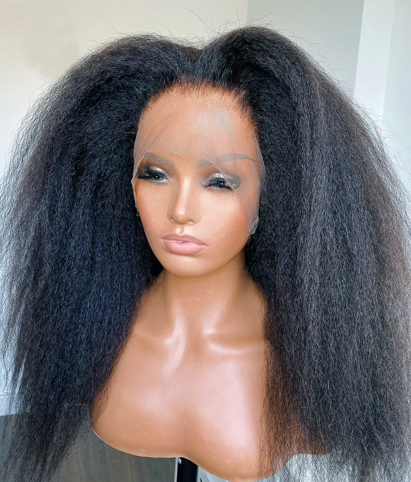 Peluca con malla frontal recta rizada negra Natural larga Yaki suave de 26 pulgadas para mujeres con pelo de bebé sintético prearrancado sin pegamento para uso diario