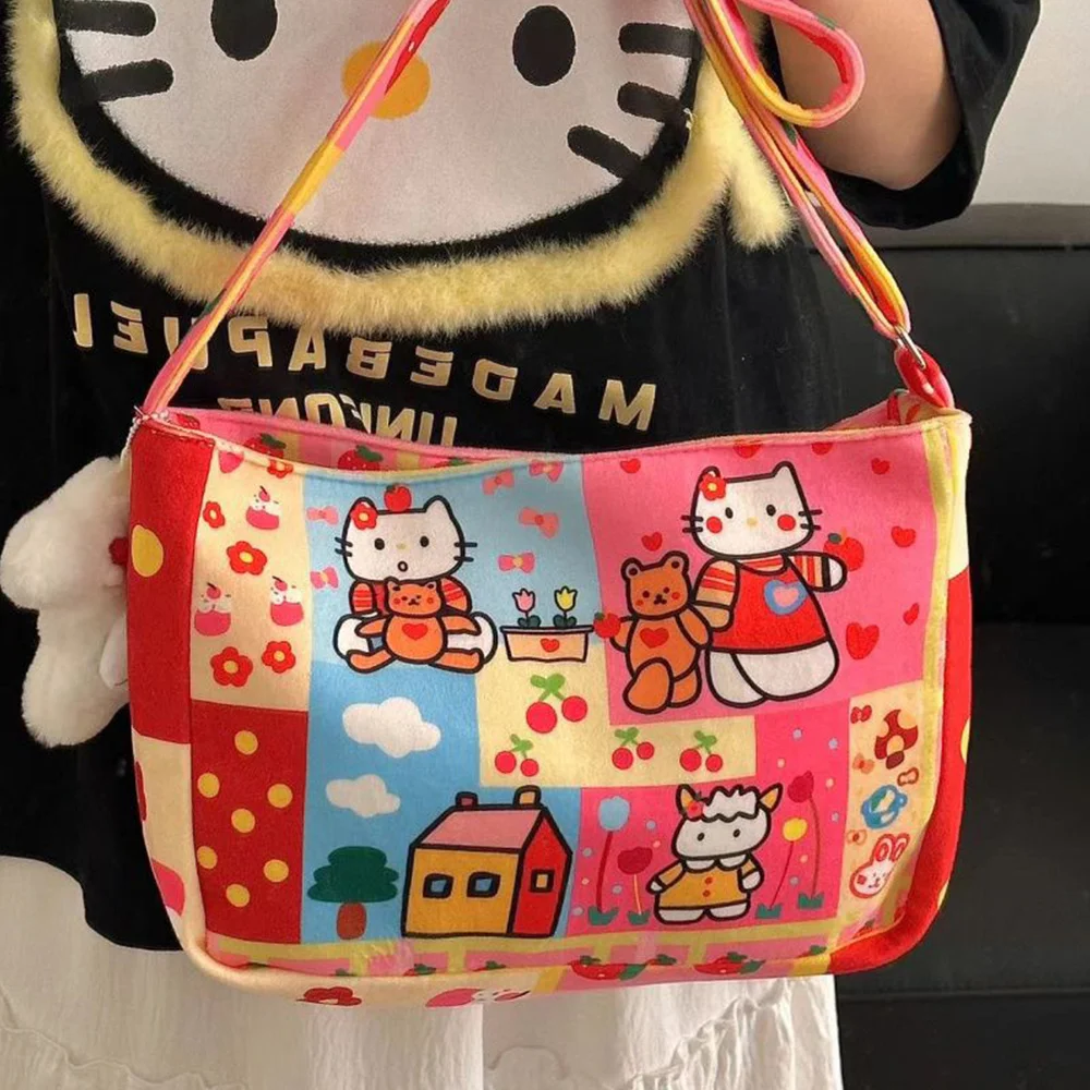 

Kawaii Sanrio Hello Kitty Cartoon Printed Crossbody Bag Cute Shoulder Bag Academy Style Girl Heart Summer Backpack Sweet Gift