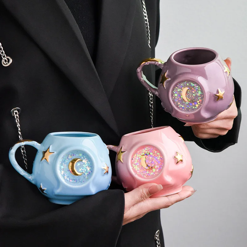 Ceramic Starry Sky Cup Sparkling Cup With High Appearance Colorful Stars Creative Birthday Gift Mug With Hand Gift Water Cup