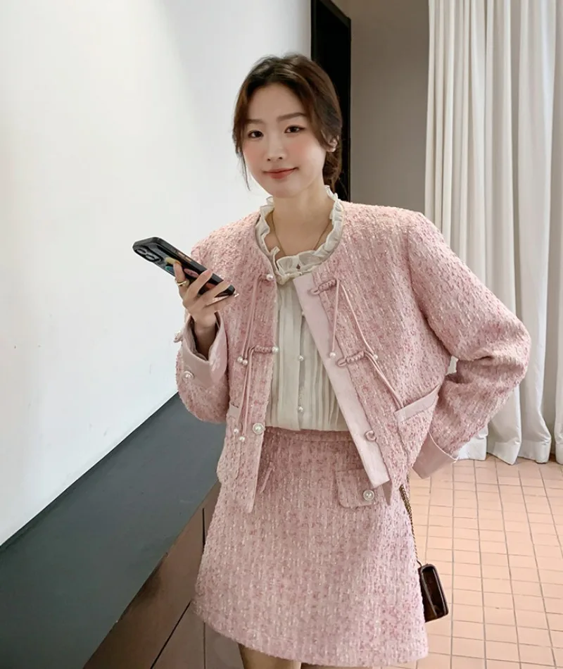 Sweet Temperament New Chinese Coat Skirt Two-piece Set Wome O-neck Single Breasted Bead Celebrity Slim Spring Chic Lady Suit New