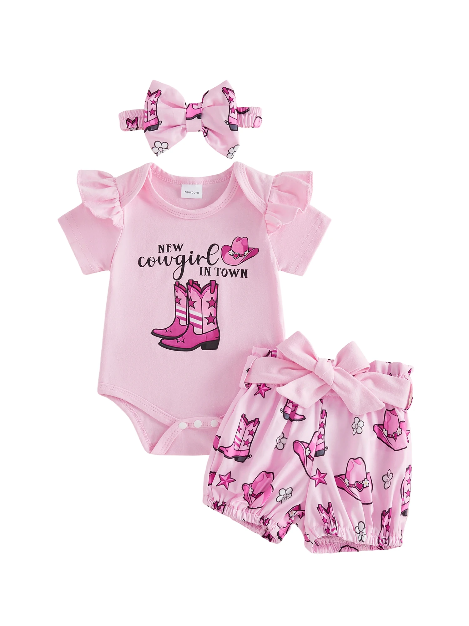 

Toddler Girl Floral Print Ruffle Sleeve Top and Shorts Set with Matching Headband for Summer Outings and Playdates