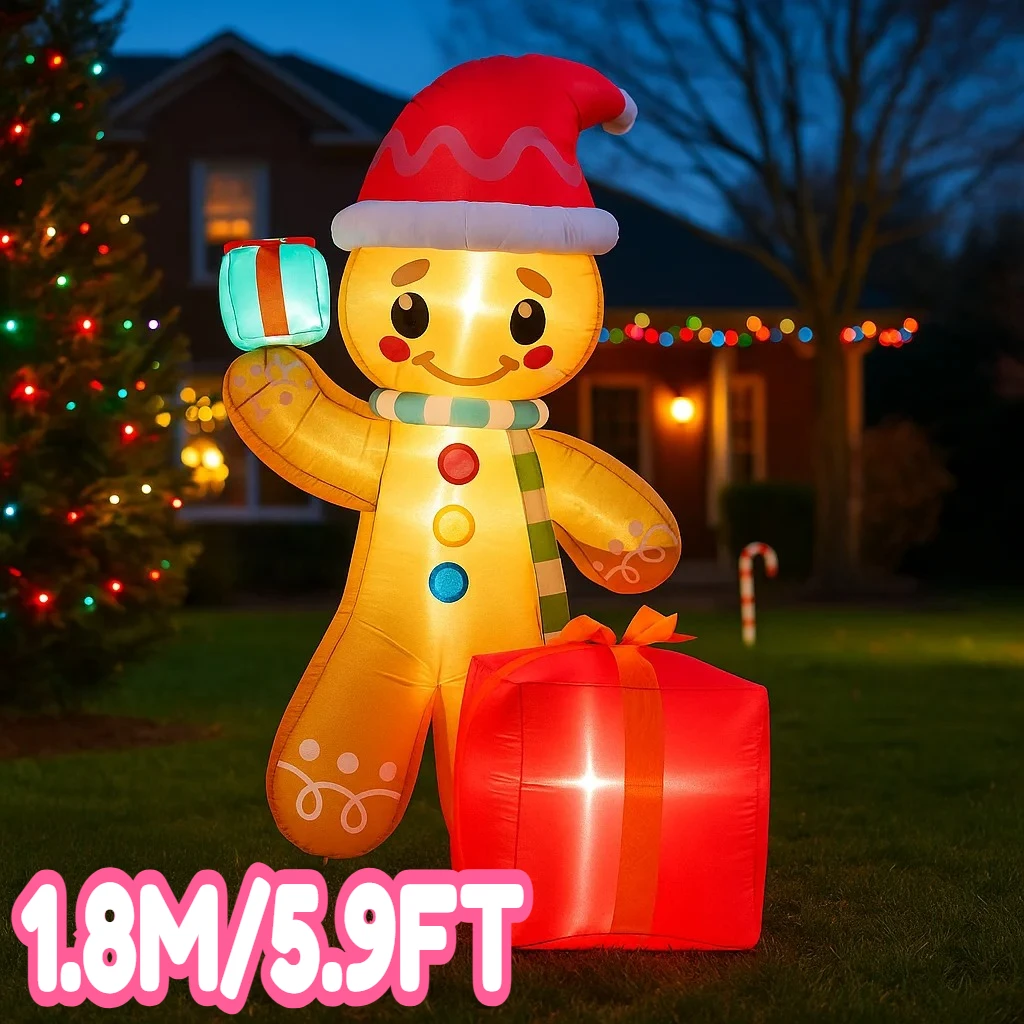 1.8M/5.9FT Inflatable Gingerbread Man with Gift Box Lights LED Home Holiday Lighting Decor Toys Yard Xmas Supplies Outdoor Decor