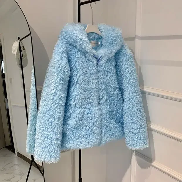 Mulheres azul lambswool hoodies casaco fofo espessamento de pelúcia bombardeiro jaqueta de lã com capuz imitação de pele parka cardiagn casacos peludos