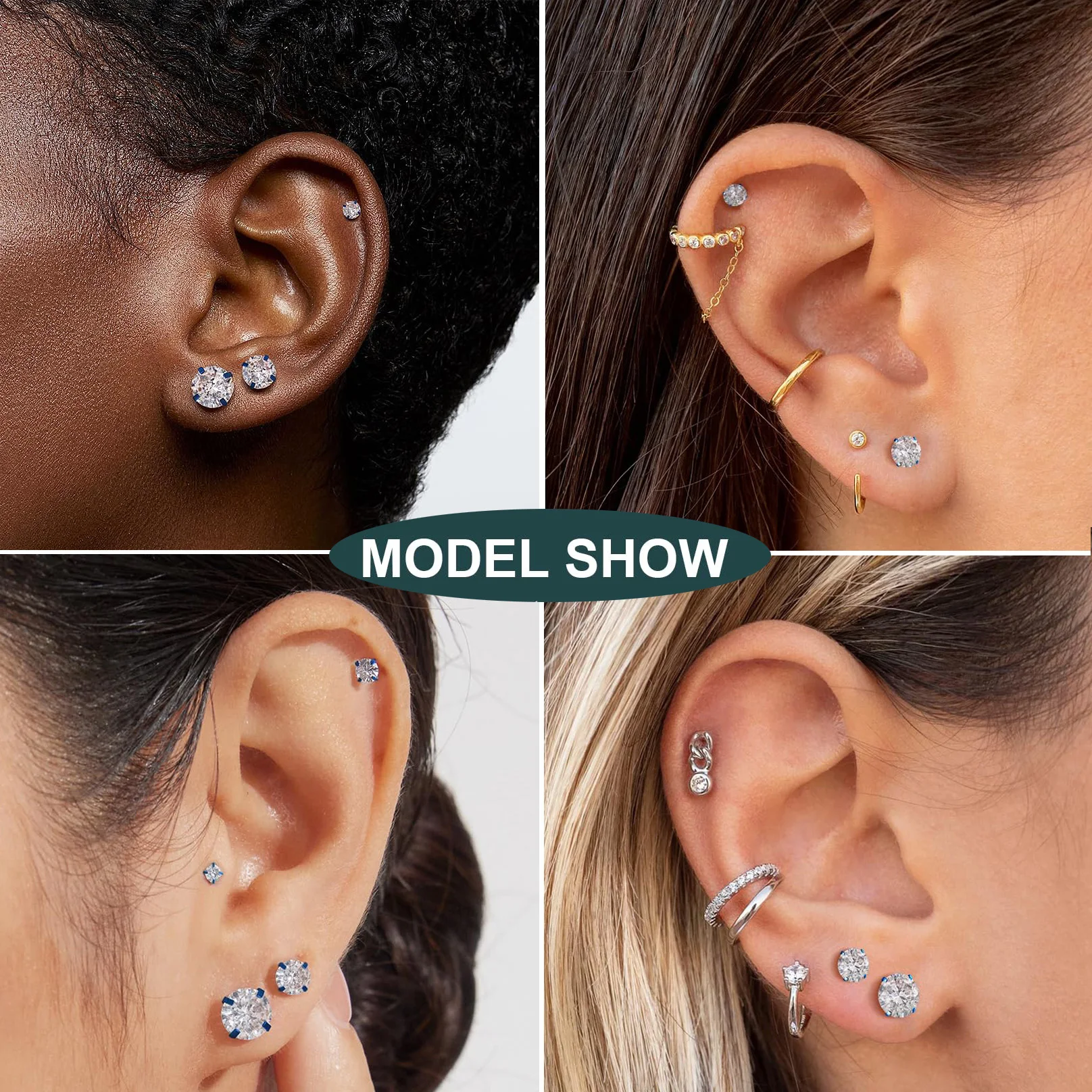 1/5pairs Fashion Stainless Steel Round Cubic Zirconia Ball Screw Back Stud Earrings for Men Women Helix Cartilage Tragus Jewelry