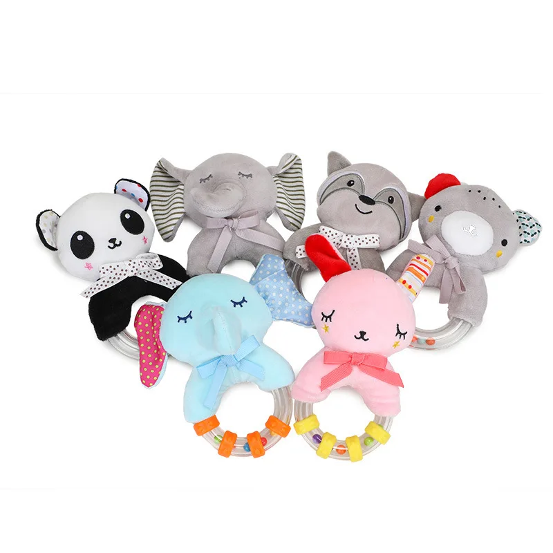 Baby Beruhigende Cartoon Tier Handkurbel Glocke Plüsch Puppe Farbe Perle Hand Glocke 0-1 Jahr Alt Grip handschlag Ring Spielzeug