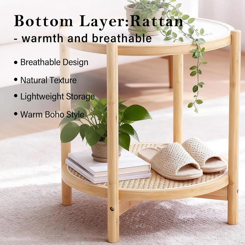 طاولة قهوة مستديرة حديثة من الخيزران، 19.7 طاولة جانبية صغيرة مع سطح زجاجي، مناسبة لمساحات المعيشة الداخلية والخارجية