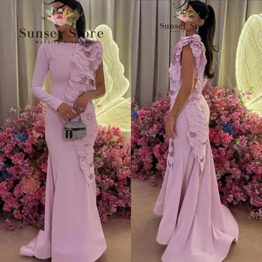 

Customized High Quality One Shoulder Floor Length Sweep Train Pink Wrinkle High Collar Evening Dresses Plus Size Cocktail Dress