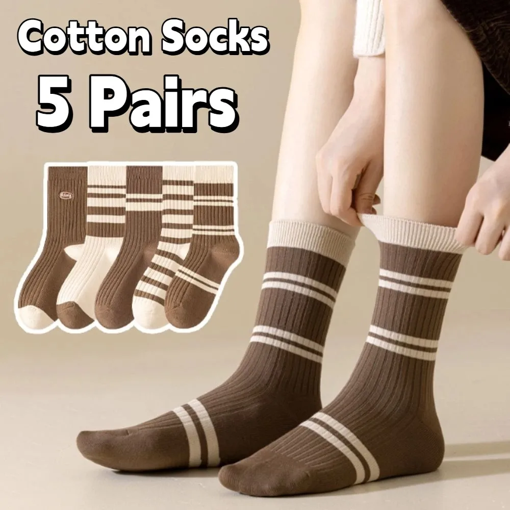 

5Pairs Fashion Retro Women's Cotton Socks Breathable Thin Stripe Tube Socks Hosiery Soft Mid-calf Socks Unisex