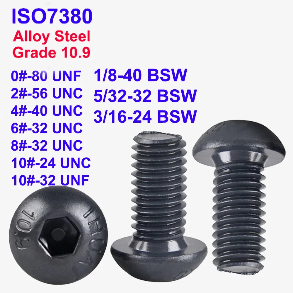 

ISO7380 Mushroom Bolts 0# 2# to 10# UNC UNF 1/8'' 5/32'' 3/16'' BSW Grade 10.9 Alloy Steel Hex Socket Button Head Screws