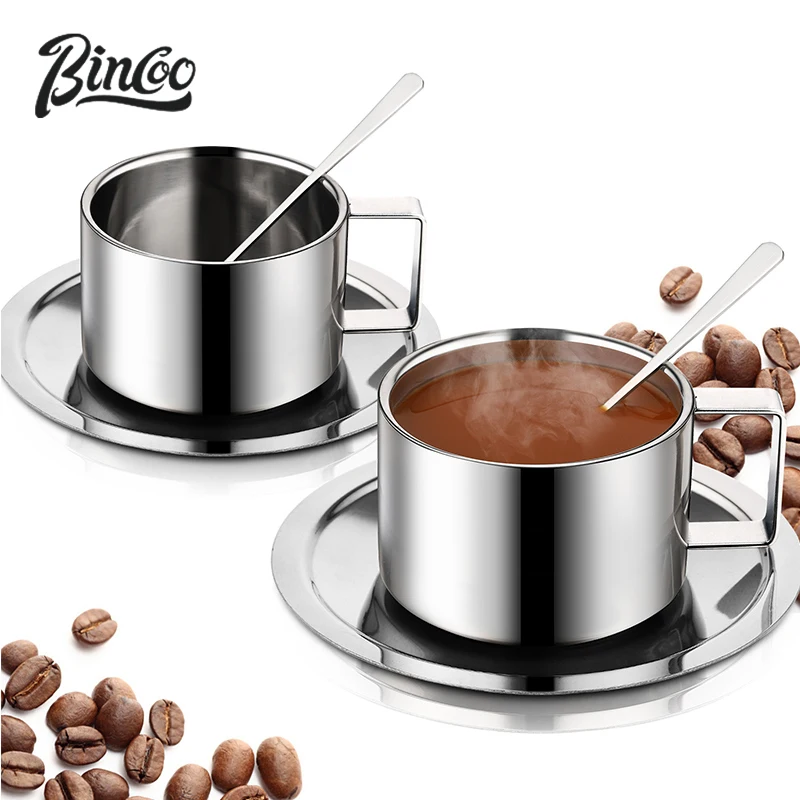 

304 Stainless Steel Coffee Cup Set Double Wall with Coffee Spoon Coffee Disc Heat Resistant Tea Cup For Kitchen Cafe Accessories