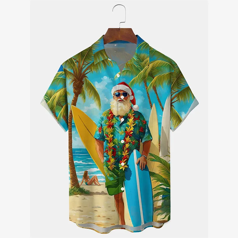 هاواي شاطئ تصفح عيد الميلاد موضوع طباعة قمصان للرجال مضحك سانتا كلوز زر التلبيب هاواي قمصان مهرجان الاتجاه القمصان
