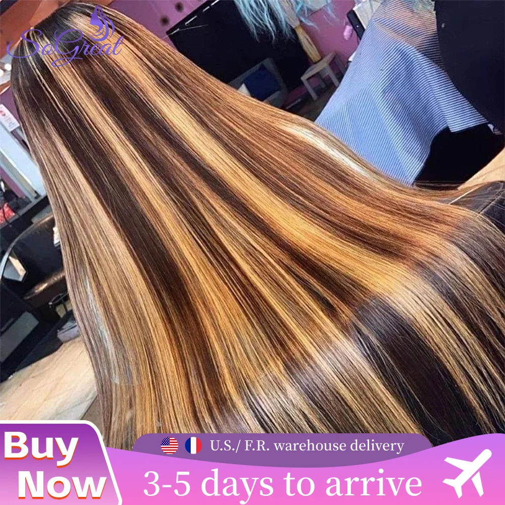 

Парик из натуральных волос с прямой текстурой и цветными прядями, с HD-кружевом 13x4, цвет медовый блонд, для женщин