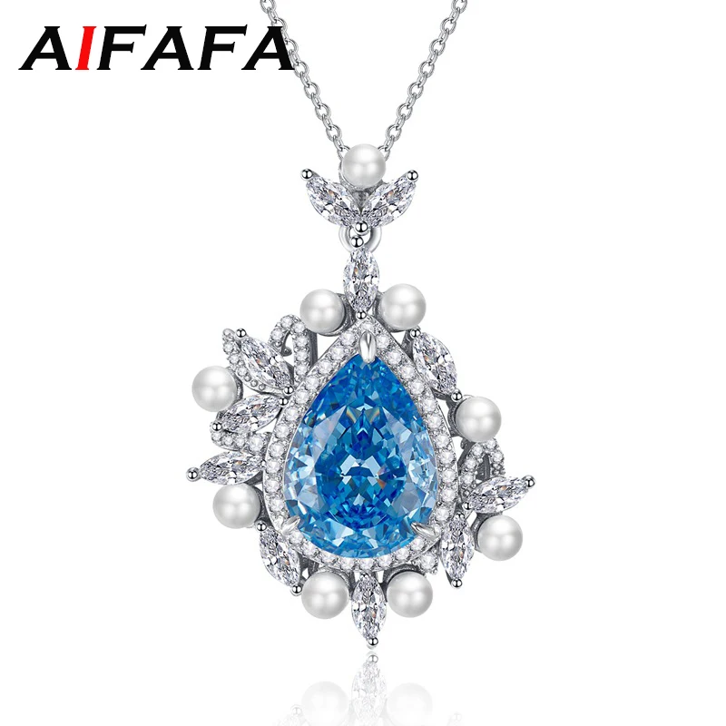 

AIFAFA 925 Sterling Silver Sapphire Necklace Sparkling Diamond Pendant Gemstone Engagement Wedding Bride Fine Jewelry