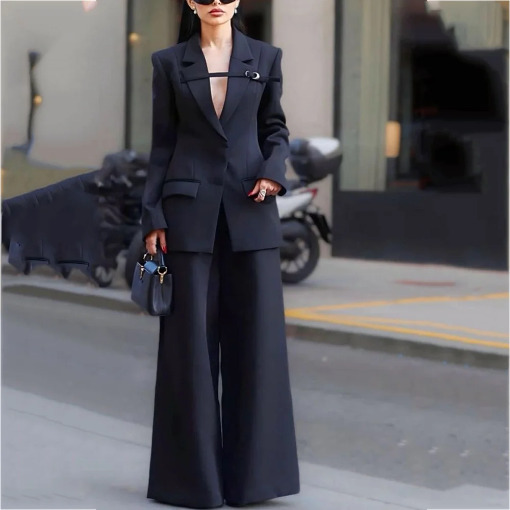 

Classic Black Suit For Women Two Pieces Notched Lapel Regular Fit Loose Casual Tailor-Made Modern Style Lady Sets Fall Outfits
