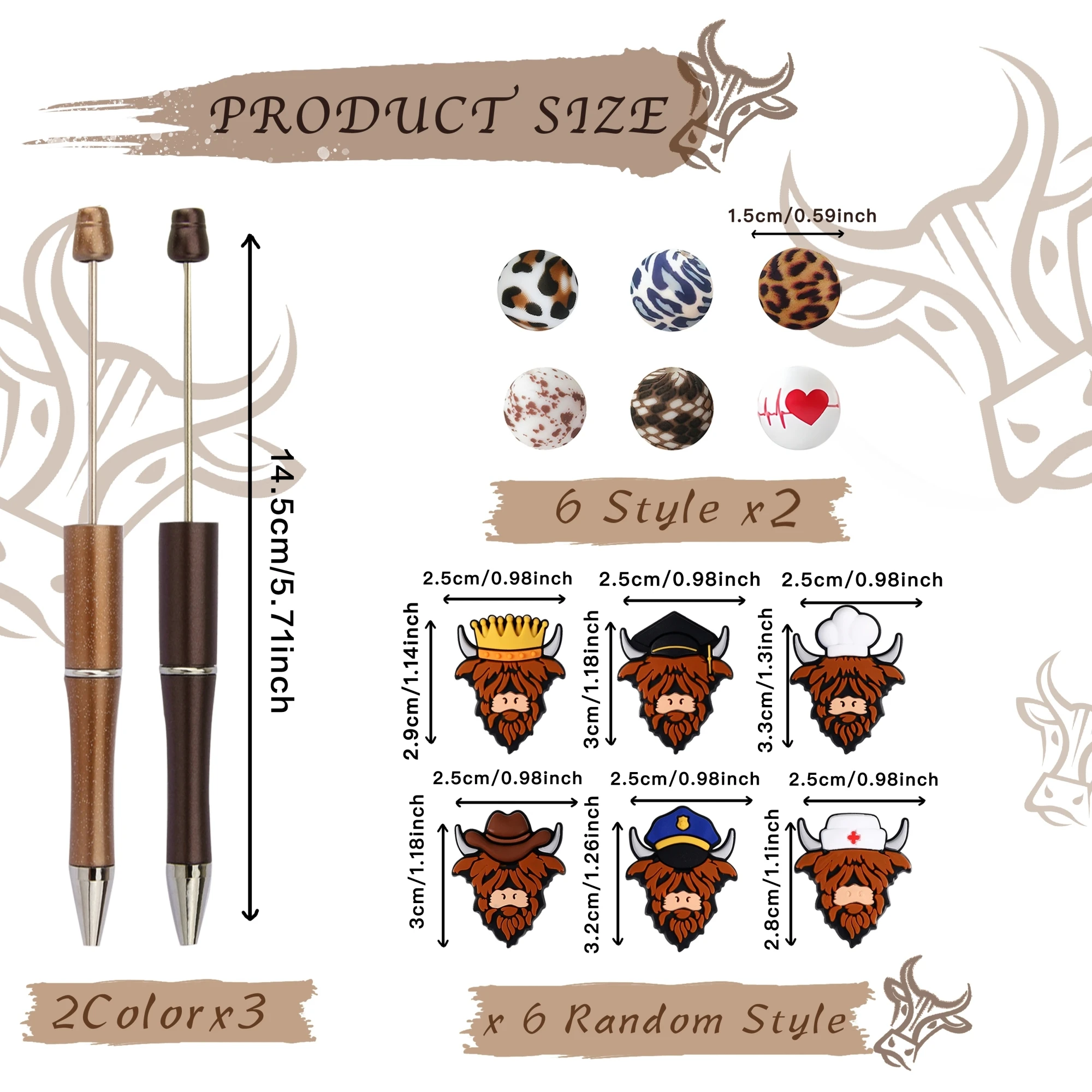 6PCS.12PCS Bohemian Style Highland Bull Theme DIY Bead Ballpoint Pen&Silicone  Bead Set，Office&Study Supply