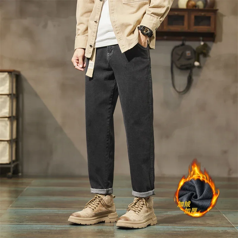 Add Fleece Cargo Jeans  Men Y2k Pants Teachwear Autumn Winter Korean Pants Casual Japanese Denim Trousers