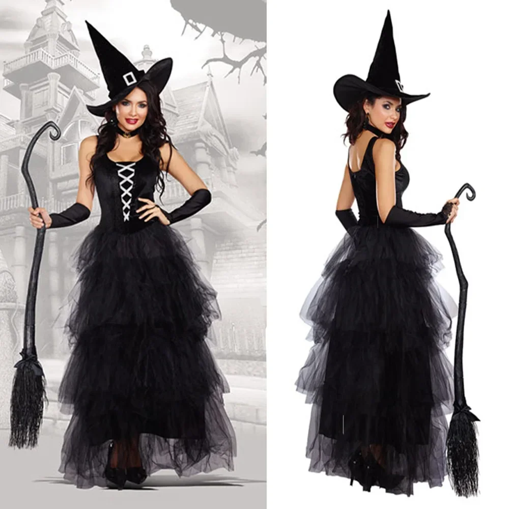 

Black Gothic Witch Costume For Adult Women Purim Halloween Cosplay Party Wizards Fancy Dress