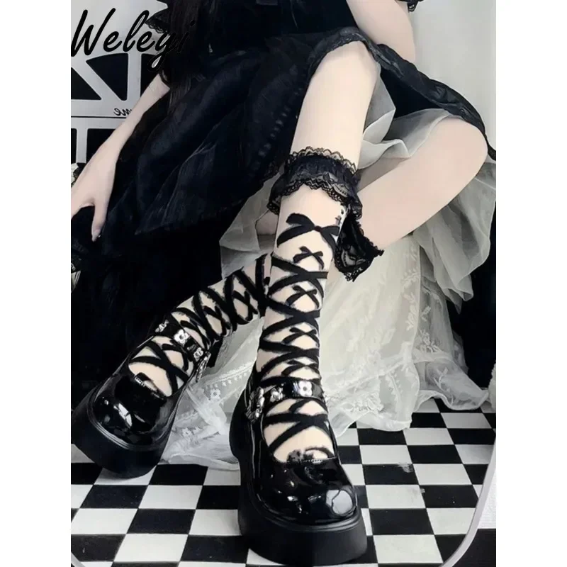 Lolita Sweet Woman's Bow Lace Socks 2024 Spring and Autumn New Japanese Cute Crystal Cross Thigh High Black Calf Socks for Women