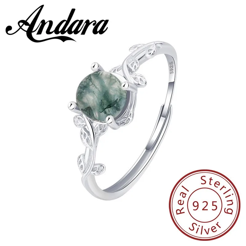 

New S925 Sterling Silver Green Moss Agate Stone Ring for Women Engagement Jewelry Gift