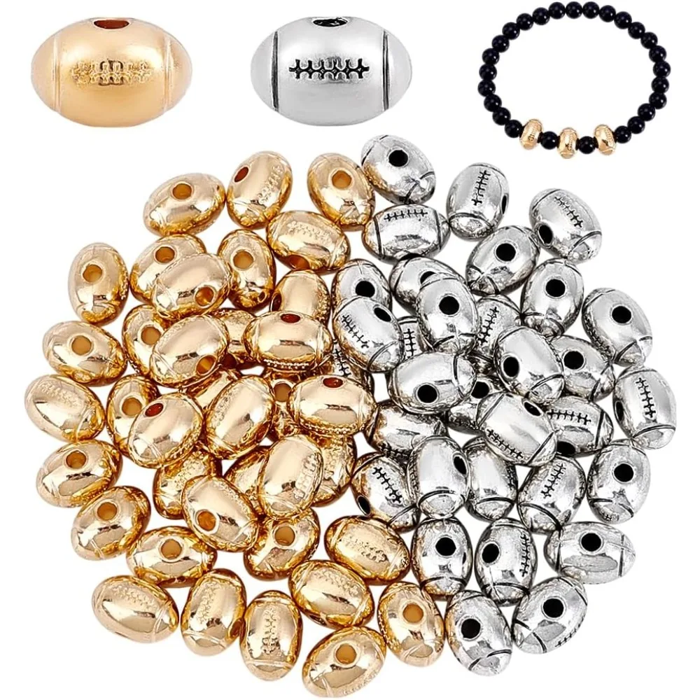 

80pcs 2 Colors Football Beads 12x8mm Sports Beads Metal Football Charms Alloy Beads Jewelry Making Findings for DIY Bracelets