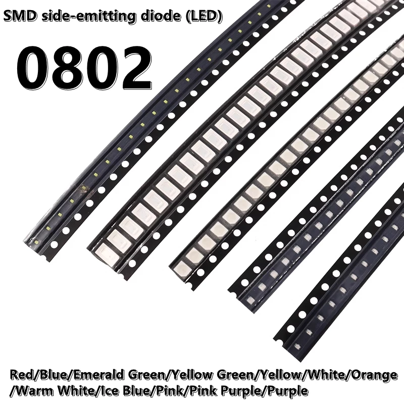 100pcs) 0802 SMD side-emitting LED yellow/blue/green/white/orange/red light high brightness light-emitting diode lamp beads 0805