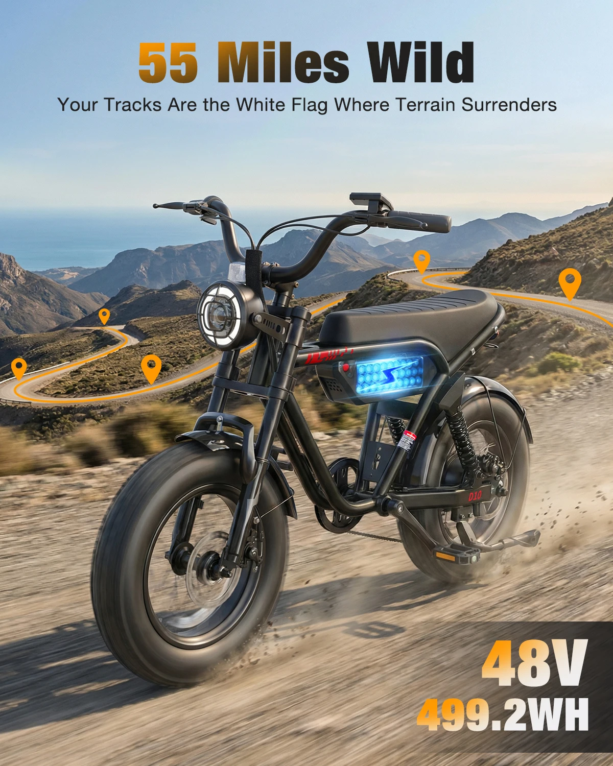 Hopepeak D10 Electric Bike, 16" Fat Tires Electric Mountain Bike, 1500W Peak Motor 48V 13Ah, 25 MPH 60Mi Range Off-Road Ebike with Full Suspension image 3