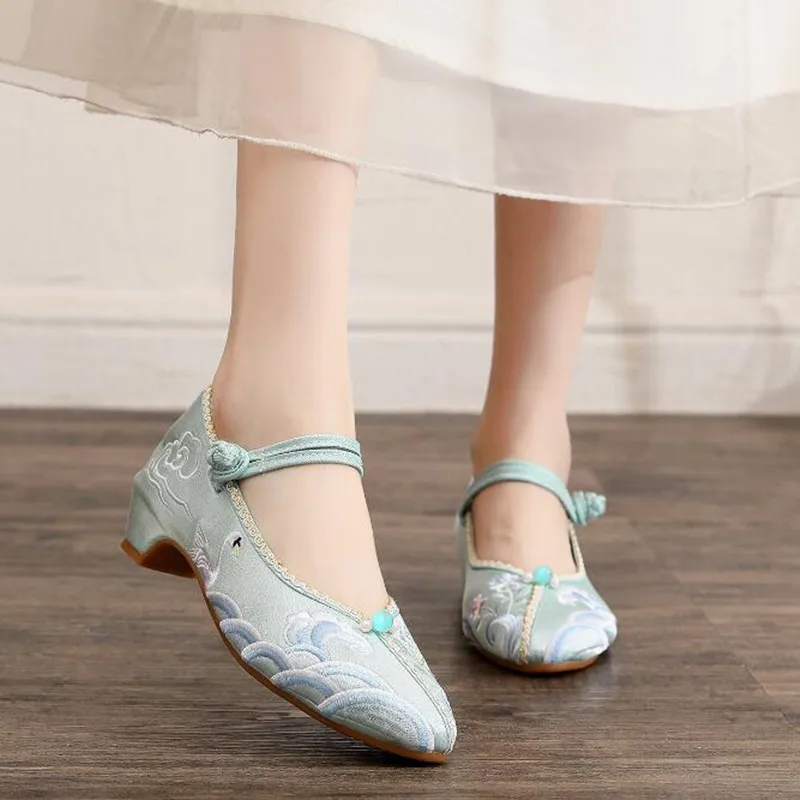 Embroidered Pointed Toe Women Mary Jane Pumps Ethnic Vintage Dress Shoe for Ladies Mid Heel Ankle Strap Dance Shoe