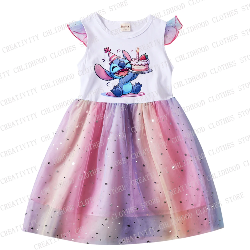 Mädchen Kleid Stich Sommer Kinder Disney Print Kleider Prinzessin Cartoons Freizeit kleidung Mädchen Gaze fliegende Ärmel Kind Baby Geschenke