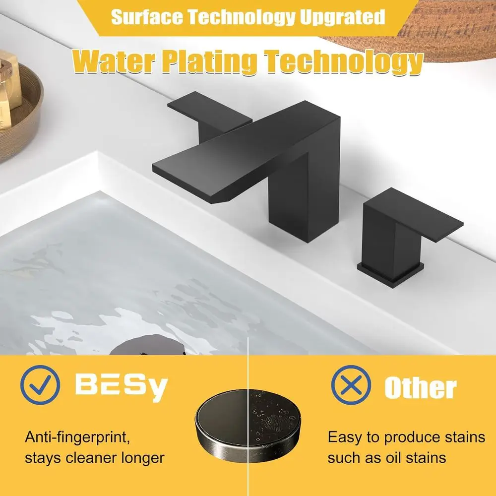 8 صنبور حوض حمام أسود غير لامع بثلاث فتحات على نطاق واسع مع صنبور شلال، مقابض مزدوجة، خراطيم CUPC، استنزاف منبثق، ستانلس ستيل #5