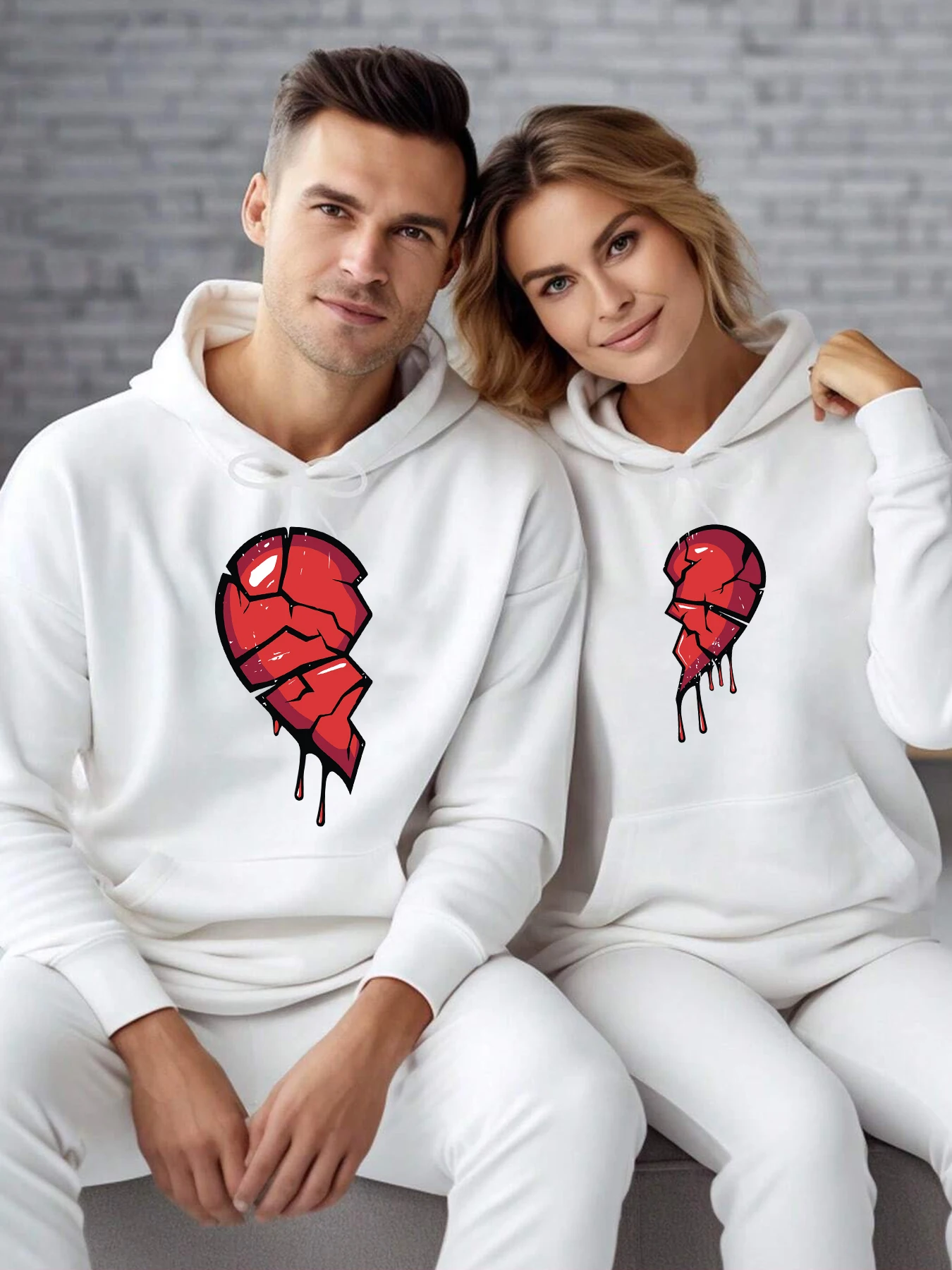 1PC Couple Hooded Two Broken Hearts Come Together Hoodie fur-liner Fleece  Hoodies Man Casual Spring Autumn Clothing