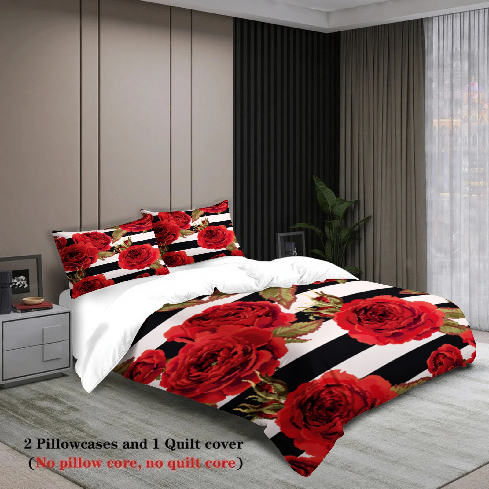 3pcs Red Blossoms Duvet Cover Vivid Floral Zebra Stripe 3D Printed Single Twin Queen Size 100% Polyester Quilt Cover Sets