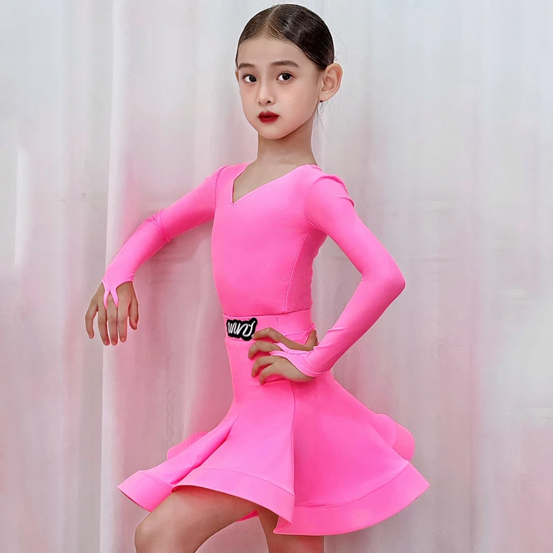 Traje profissional de dança de salão de mangas compridas para crianças meninas padrão nacional vestido de dança latina roupas de palco sl14030