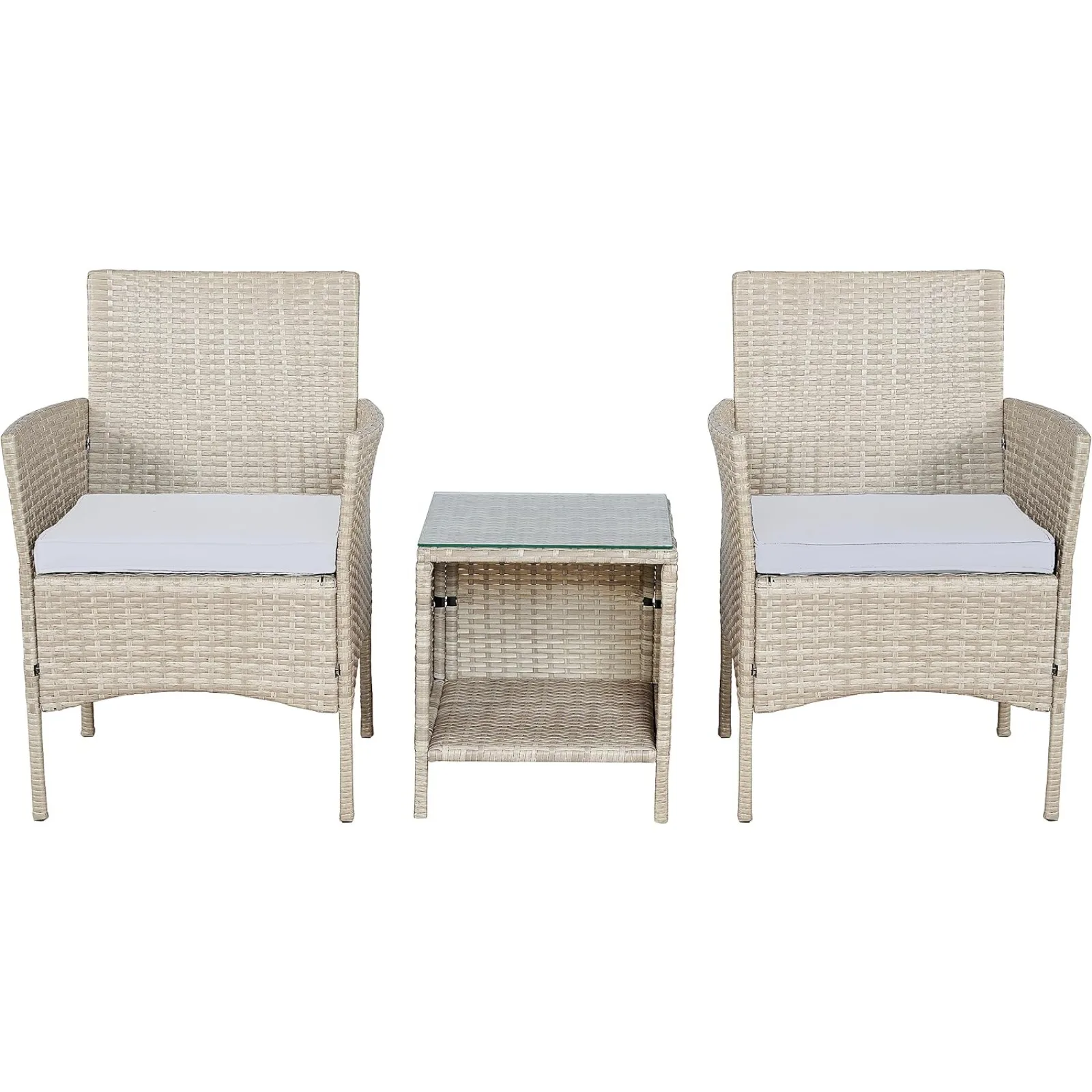 US Outdoor Wicker Conversation 3 Piece Bistro Set Garden Patio Yard Porch Furniture Space Saving Pe Rattan 2 Chairs Cushions